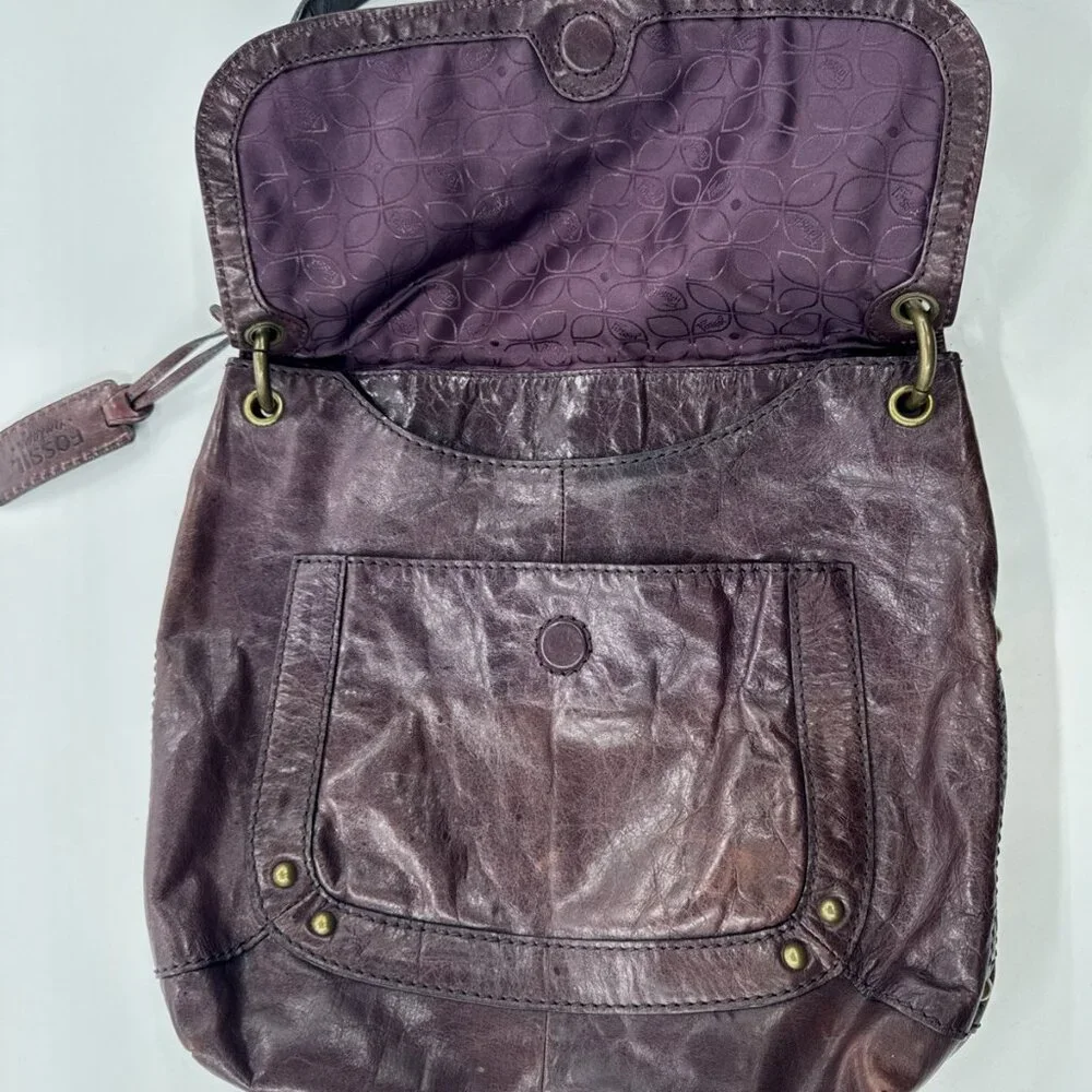 Vintage FOSSIL Leather Shoulder Messenger Bag Dark Plum Large Purse Y2K Hobnail